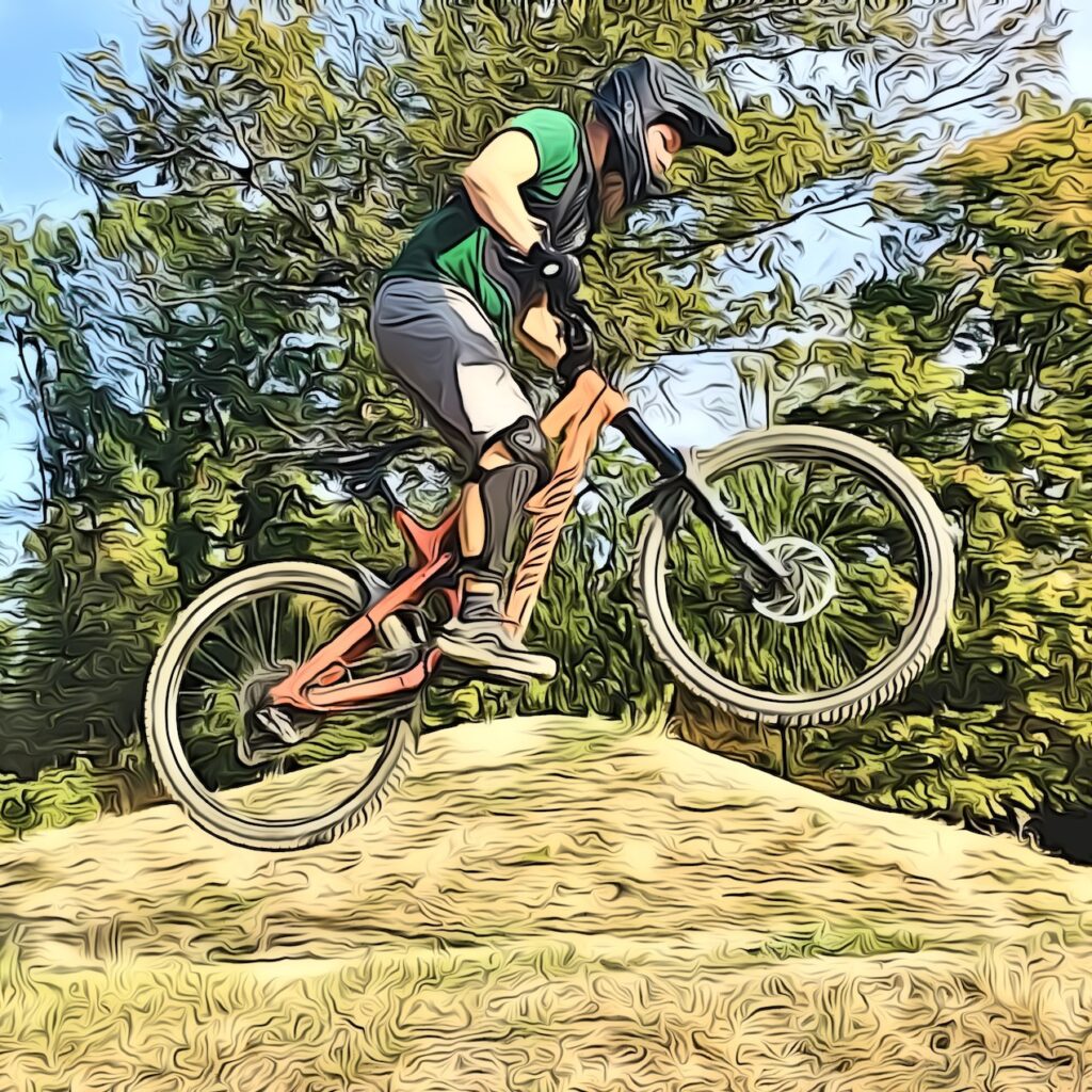 Comic-Style Foto von mir während eines Sprungs mit dem Mountainbike